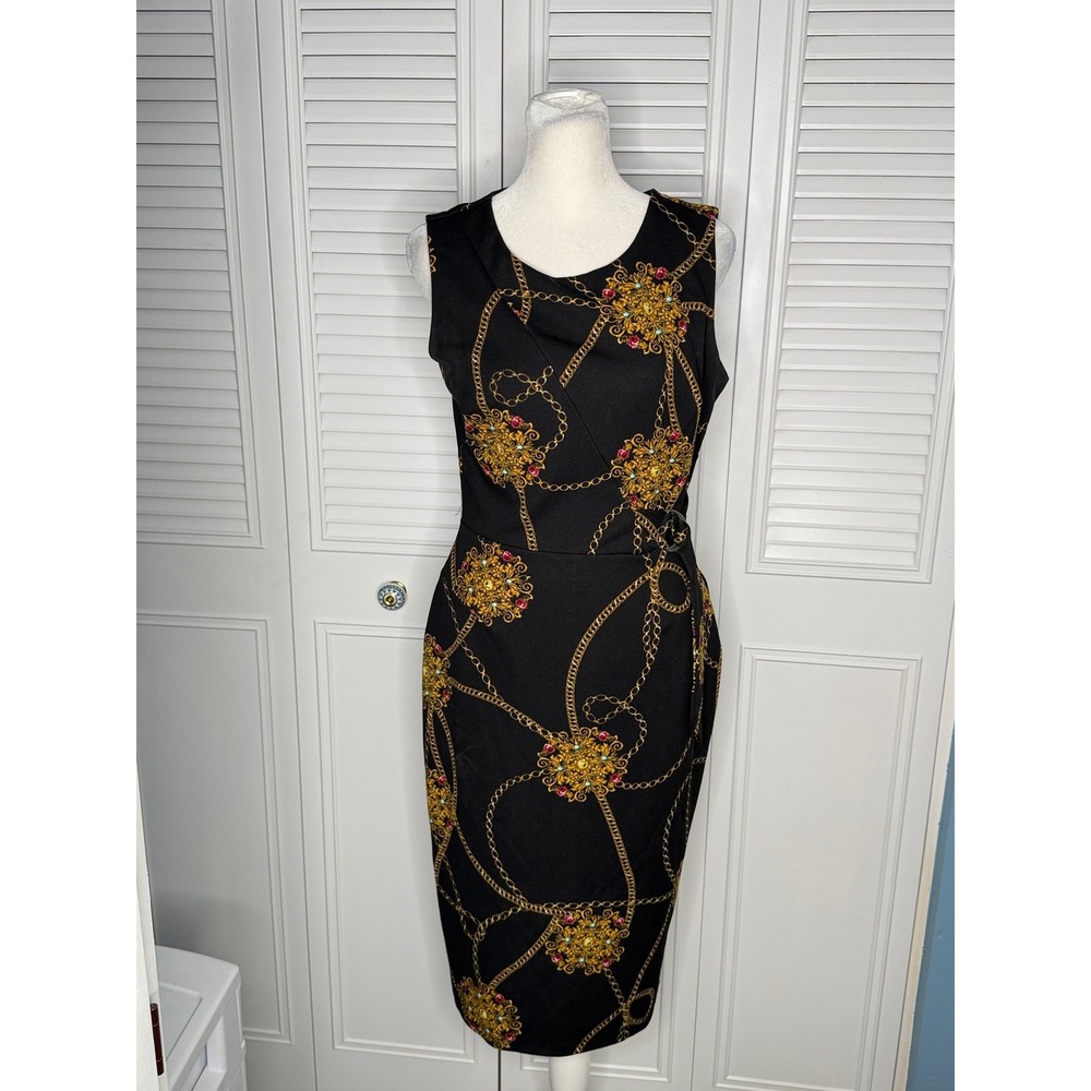 En Focus Studio Sheath Dress Womens 8 Black Gold Chain Print Excellent Midi